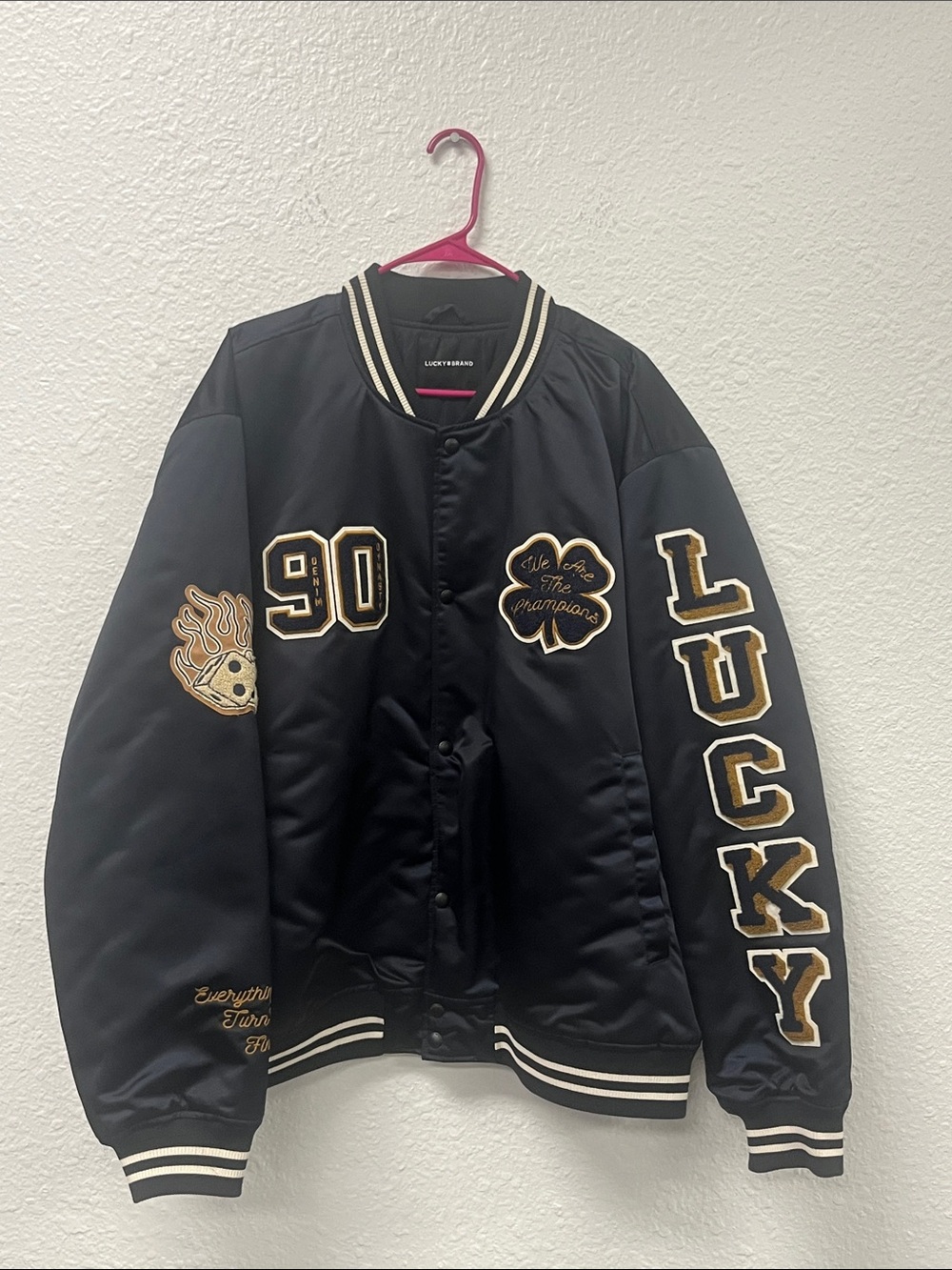Lucky Brand Black Satin Varsity Jacket with Gold and Cream Appliqués #1156